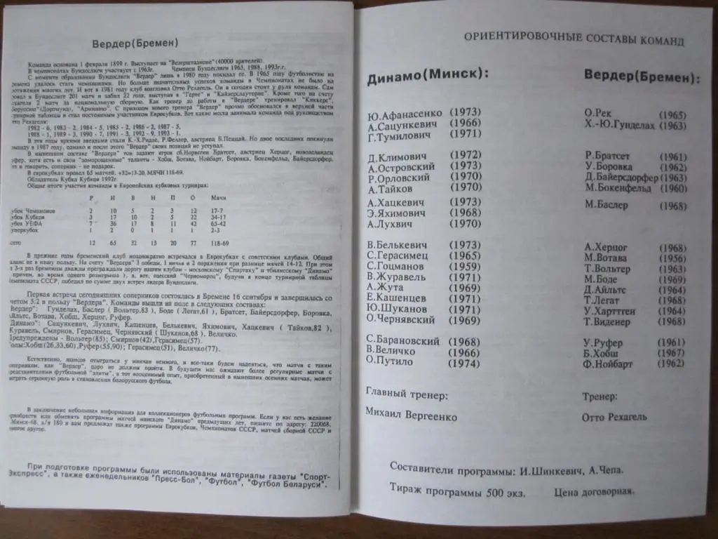 1993.Динамо Минск-Вердер.Кубок Европейских чемпионов 1