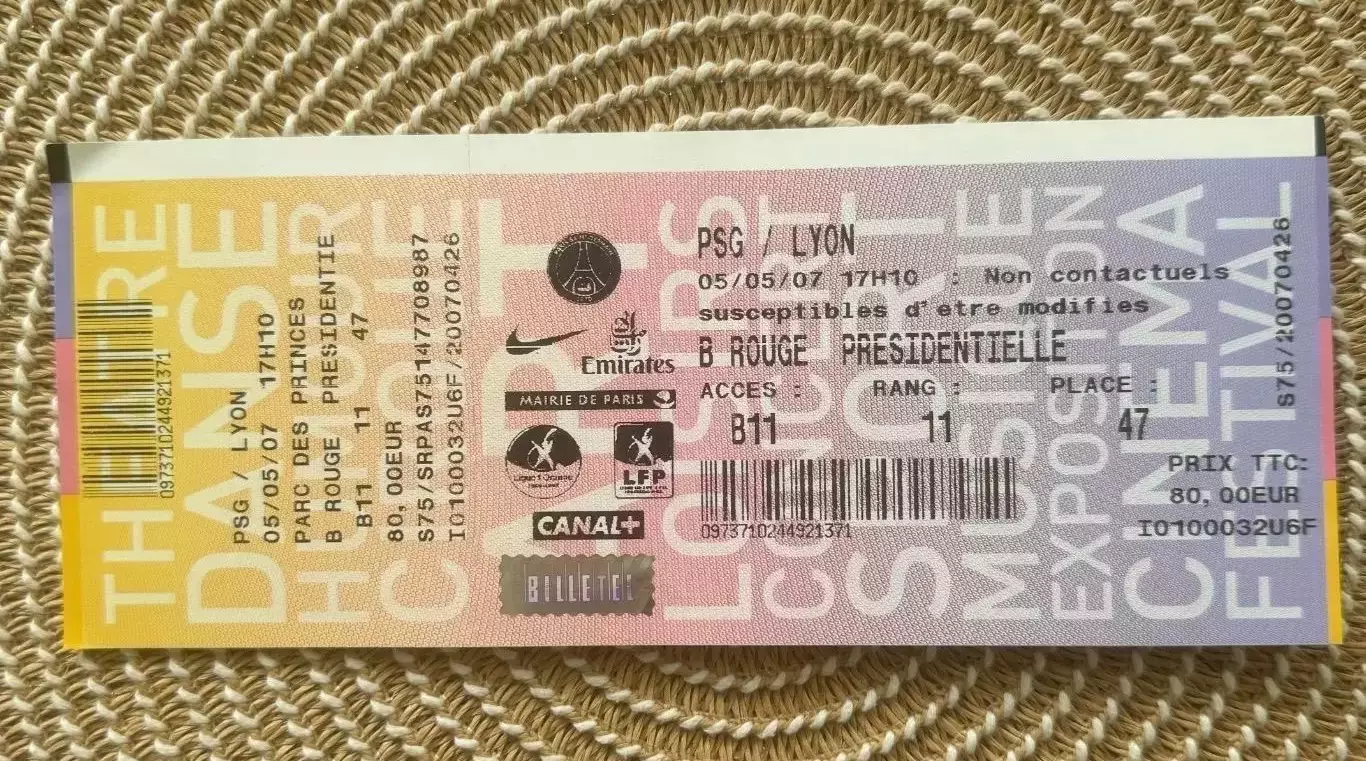 ПСЖ - Лион 05.05.2007. Билет Франция.