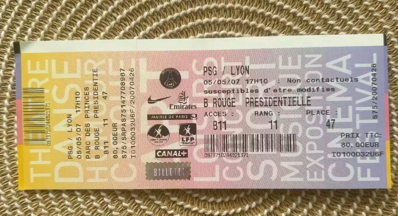 ПСЖ - Лион 05.05.2007. Билет Франция.