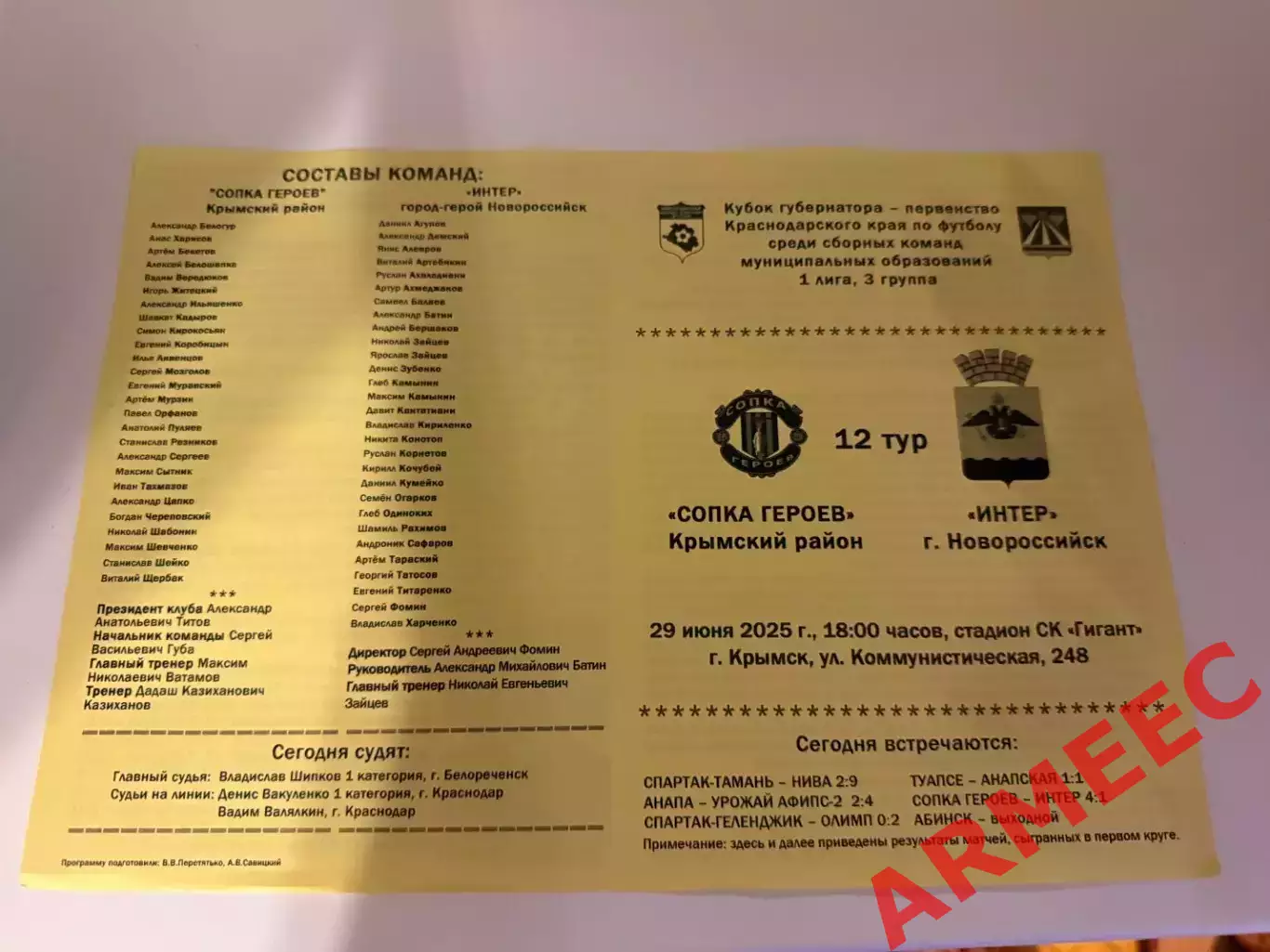 Сопка Героев (Крымский район)-Интер (Новороссийск) 29.06.2025