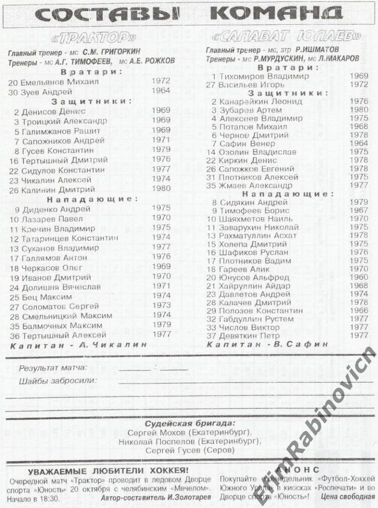 Трактор - Салават Юлаев 18.10.1997 1