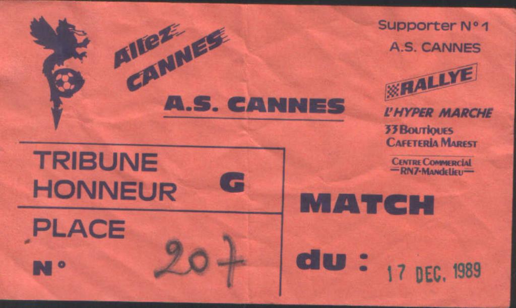 Билет с чемпионата Франции сезона 1989/1990 г.Канн