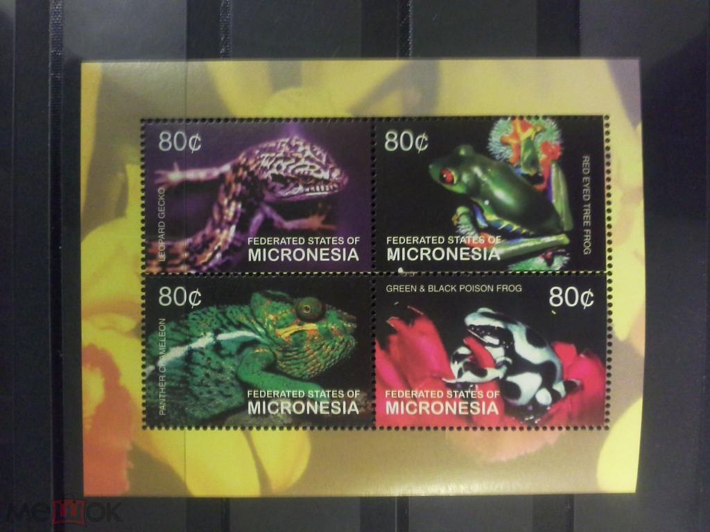 Микронезия 2003 Фауна(лягушки, рептилии) №мих1496/99+бл131- 340руб 1