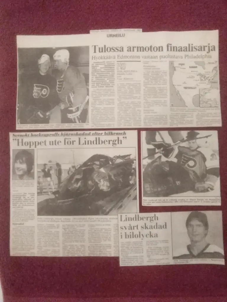 Хоккей Швеция статьи из шведских и финских газет о гибели Pelle Lindberg 1