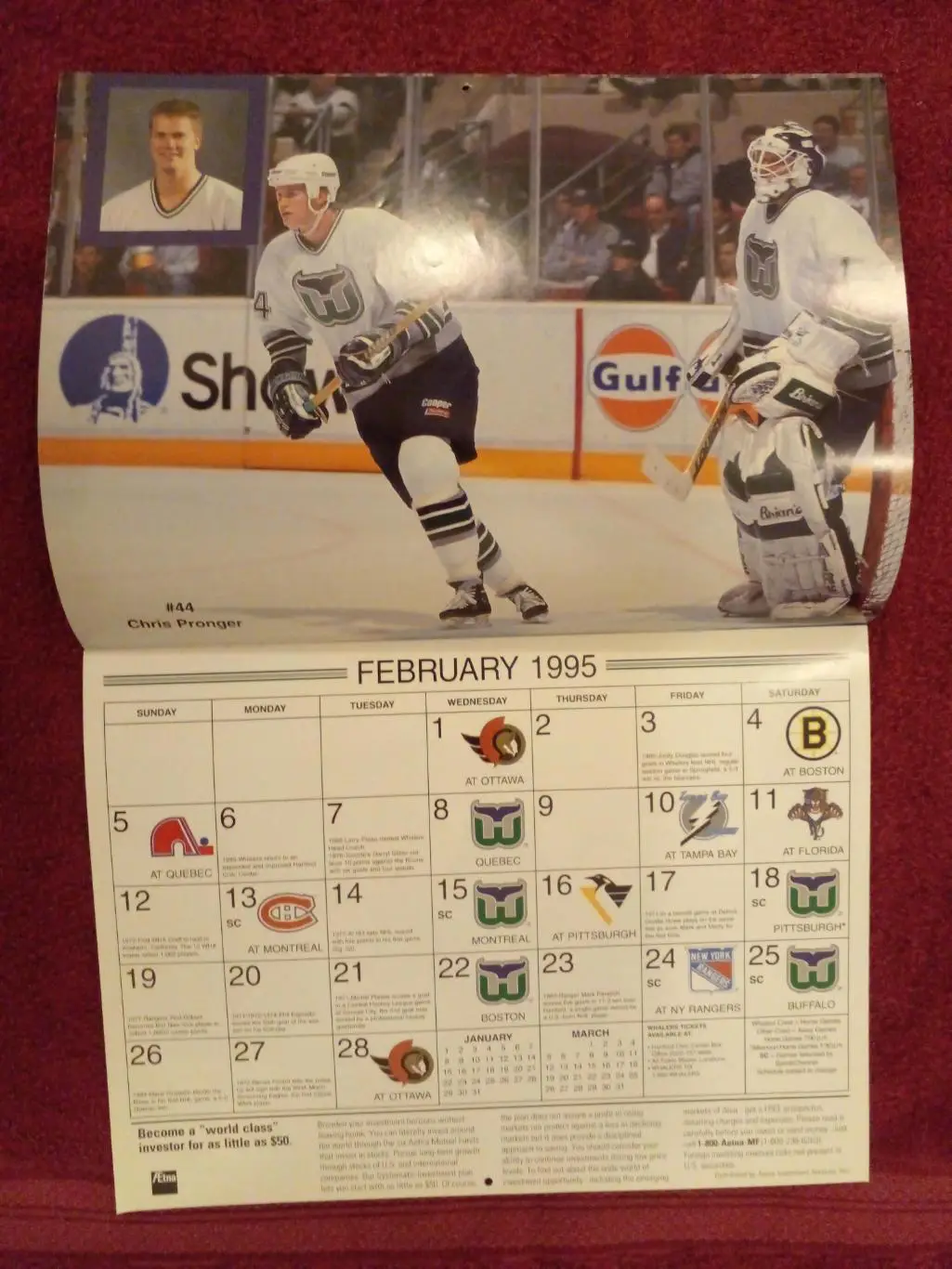 Хартфорд Уэйлерз НХЛ Перекидной настенный календарь 1994-95 хоккей 2