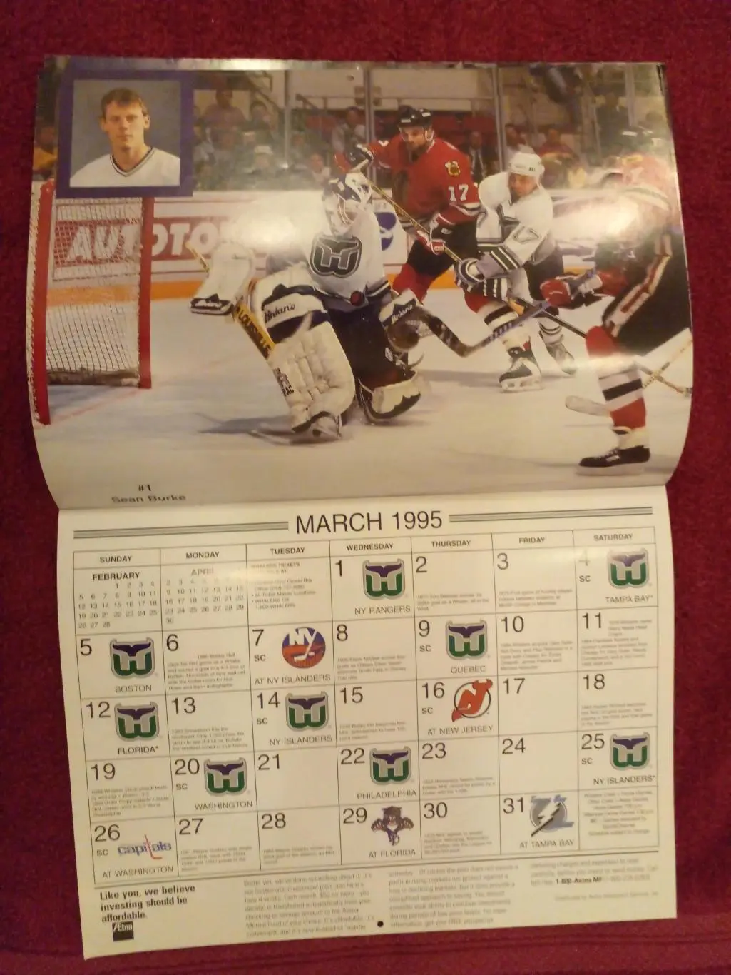 Хартфорд Уэйлерз НХЛ Перекидной настенный календарь 1994-95 хоккей 3