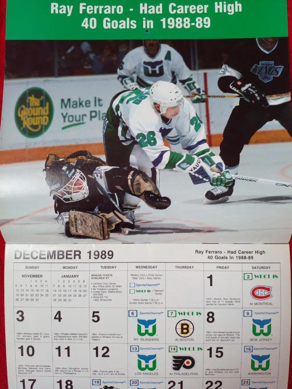 Хартфорд Уэйлерз НХЛ Перекидной настенный календарь 1989-90 хоккей Больш. размер 1