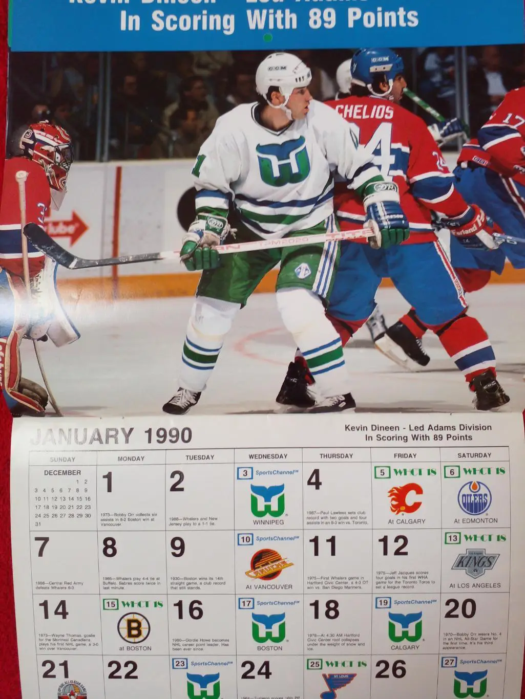 Хартфорд Уэйлерз НХЛ Перекидной настенный календарь 1989-90 хоккей Больш. размер 2