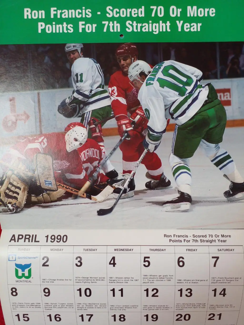 Хартфорд Уэйлерз НХЛ Перекидной настенный календарь 1989-90 хоккей Больш. размер 3