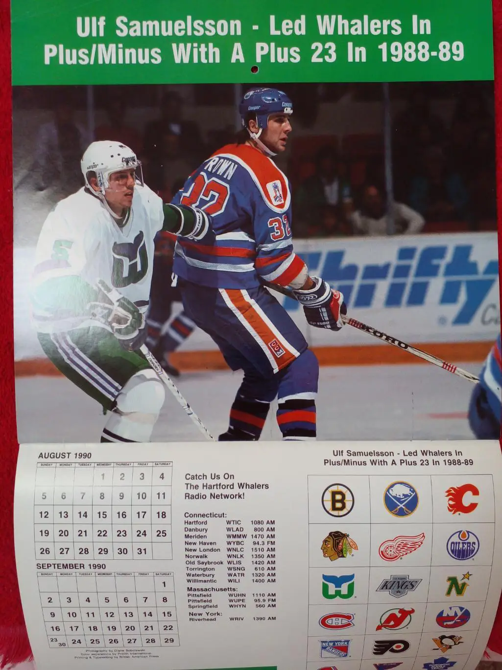 Хартфорд Уэйлерз НХЛ Перекидной настенный календарь 1989-90 хоккей Больш. размер 4