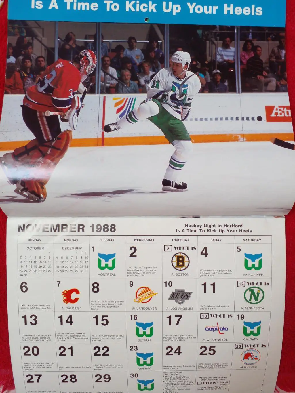 Хартфорд Уэйлерз НХЛ Перекидной настенный календарь 1988-89 хоккей Больш. размер 1
