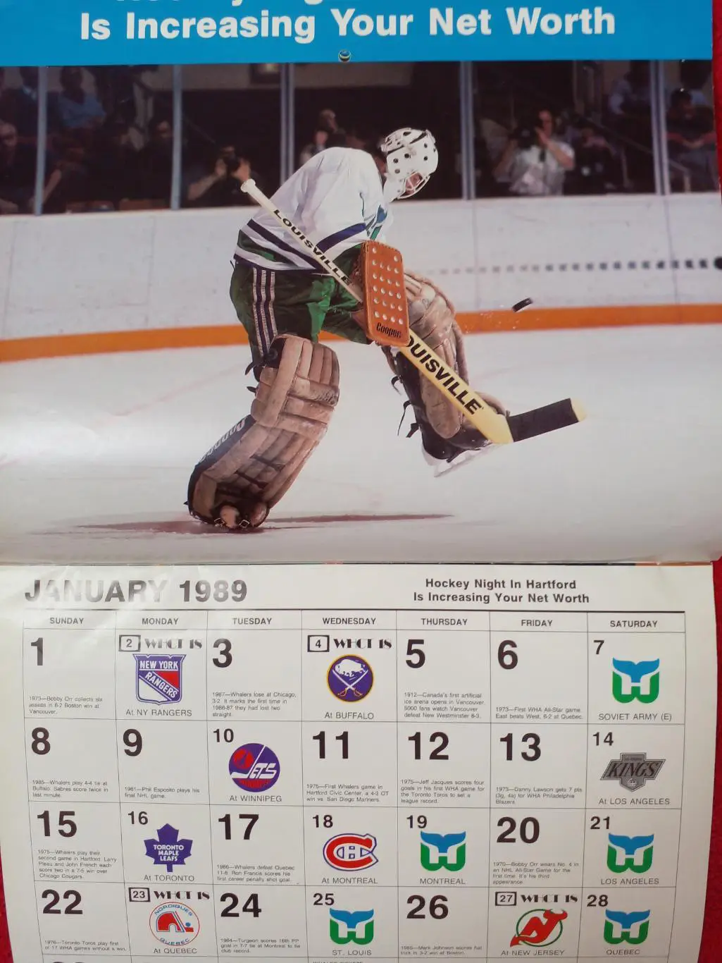 Хартфорд Уэйлерз НХЛ Перекидной настенный календарь 1988-89 хоккей Больш. размер 2