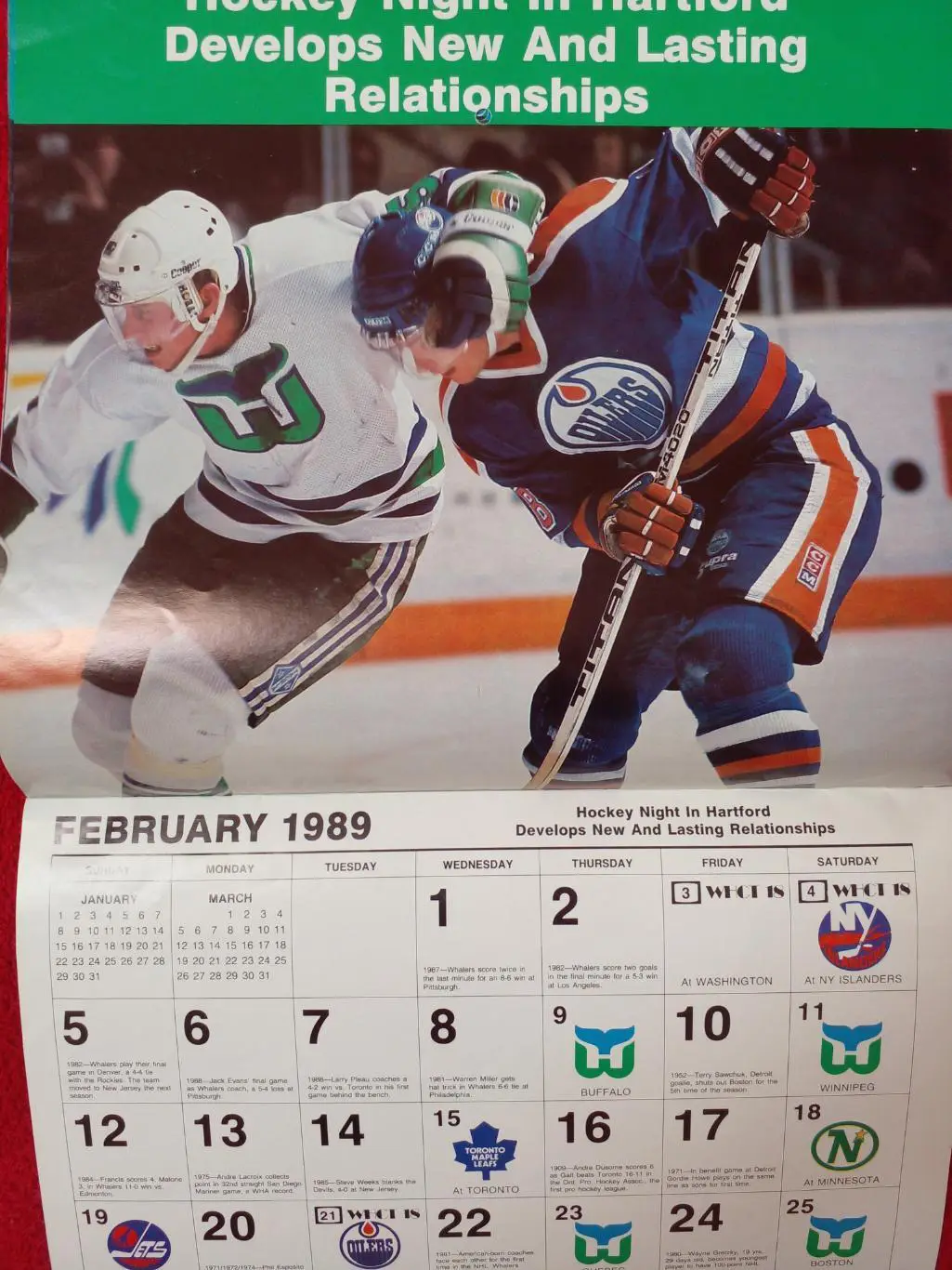 Хартфорд Уэйлерз НХЛ Перекидной настенный календарь 1988-89 хоккей Больш. размер 3