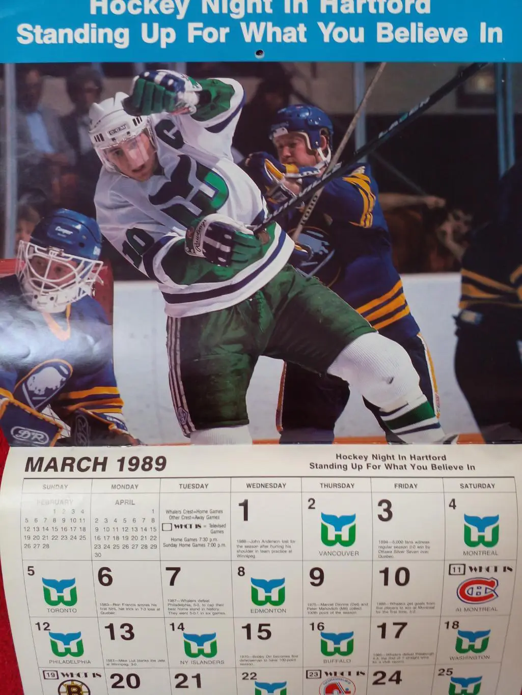 Хартфорд Уэйлерз НХЛ Перекидной настенный календарь 1988-89 хоккей Больш. размер 4