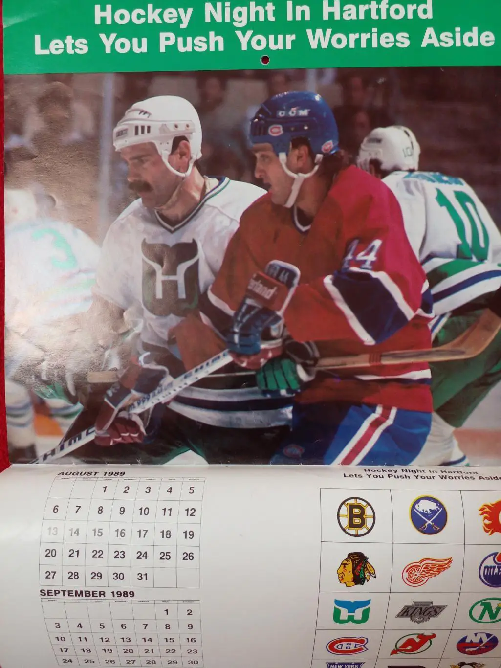 Хартфорд Уэйлерз НХЛ Перекидной настенный календарь 1988-89 хоккей Больш. размер 5