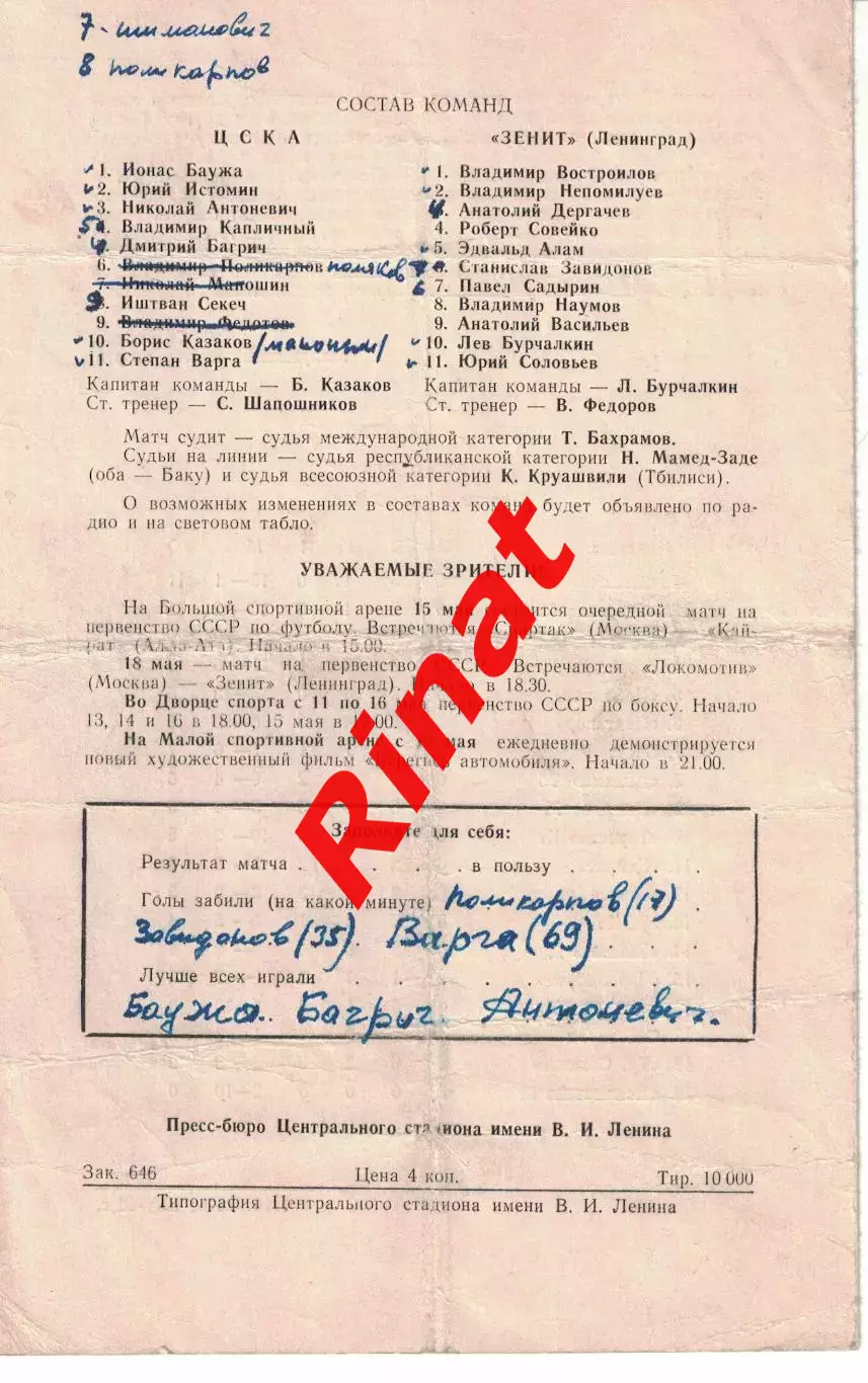 ЦСКА - Зенит Ленинград 13.05.1966 Чемпионат СССР 1