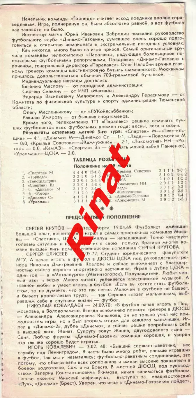 Динамо-Газовик Тюмень - ЦСКА 29.03.1994 Чемпионат России 2