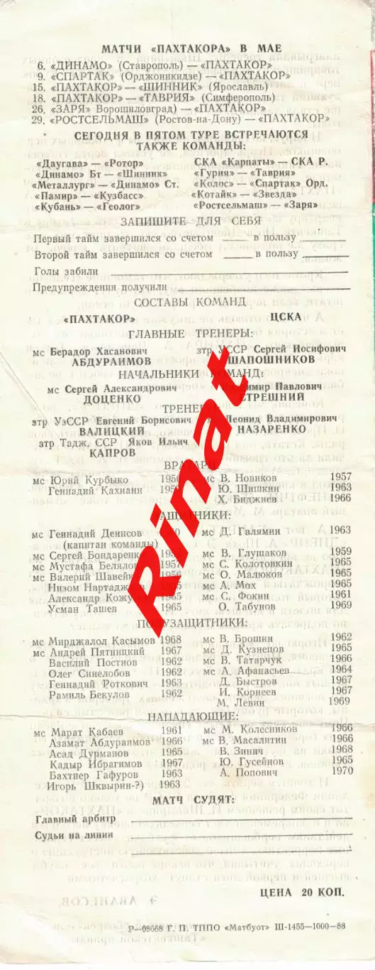 Пахтакор Ташкент - ЦСКА 25.04.1988 Чемпионат СССР. Первая лига 1