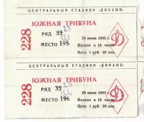 ЦСКА - Кузбасс Кемерово 28.06.1985 Чемпионат СССР Билет