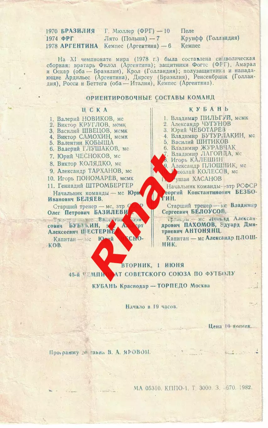 Кубань Краснодар - ЦСКА 29.05.1982 Чемпионат СССР 1