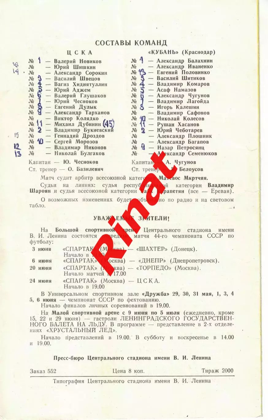 ЦСКА - Кубань Краснодар 23.05.1981 Чемпионат СССР Жёлтая 1