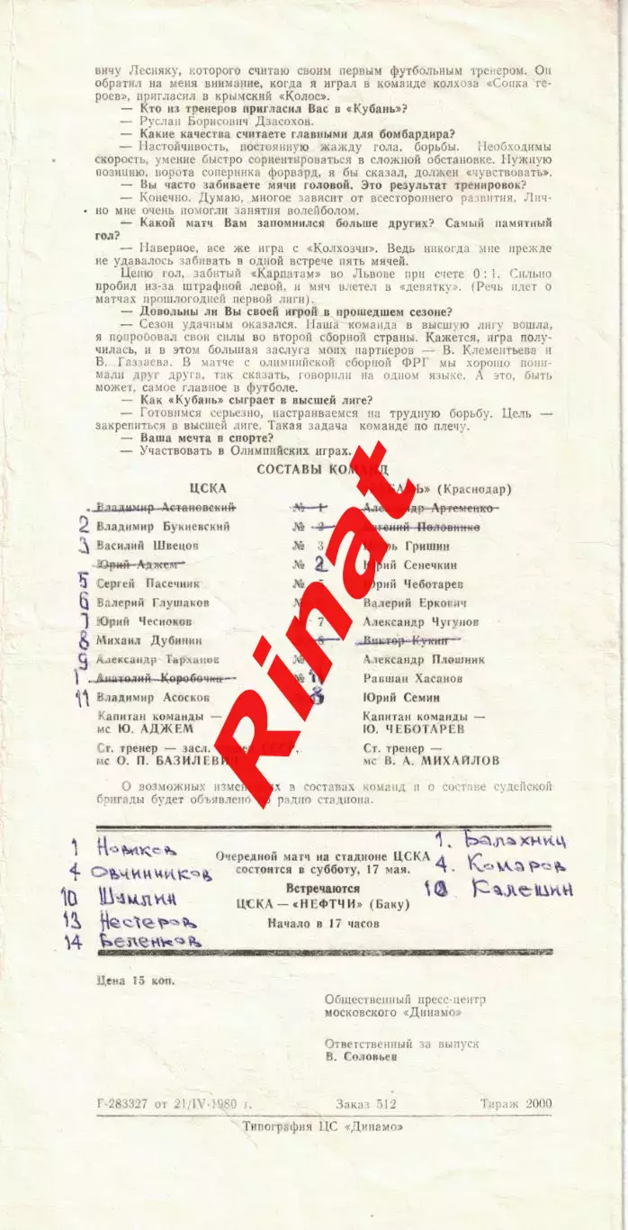 ЦСКА - Кубань Краснодар 03.05.1980 Чемпионат СССР 1