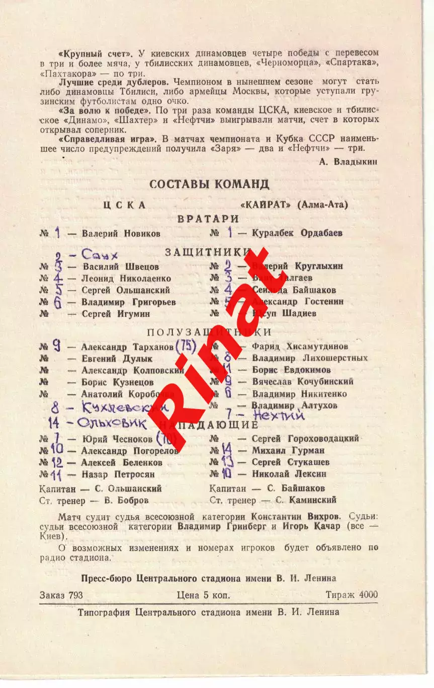 ЦСКА - Кайрат Алма-Ата 16.10.1978 Чемпионат СССР 1