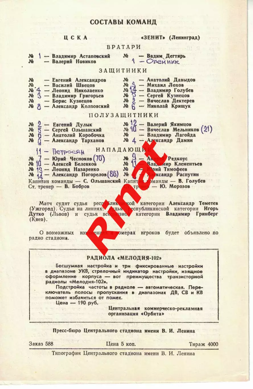 ЦСКА -Зенит Ленинград 07.07.1978 Чемпионат СССР 1