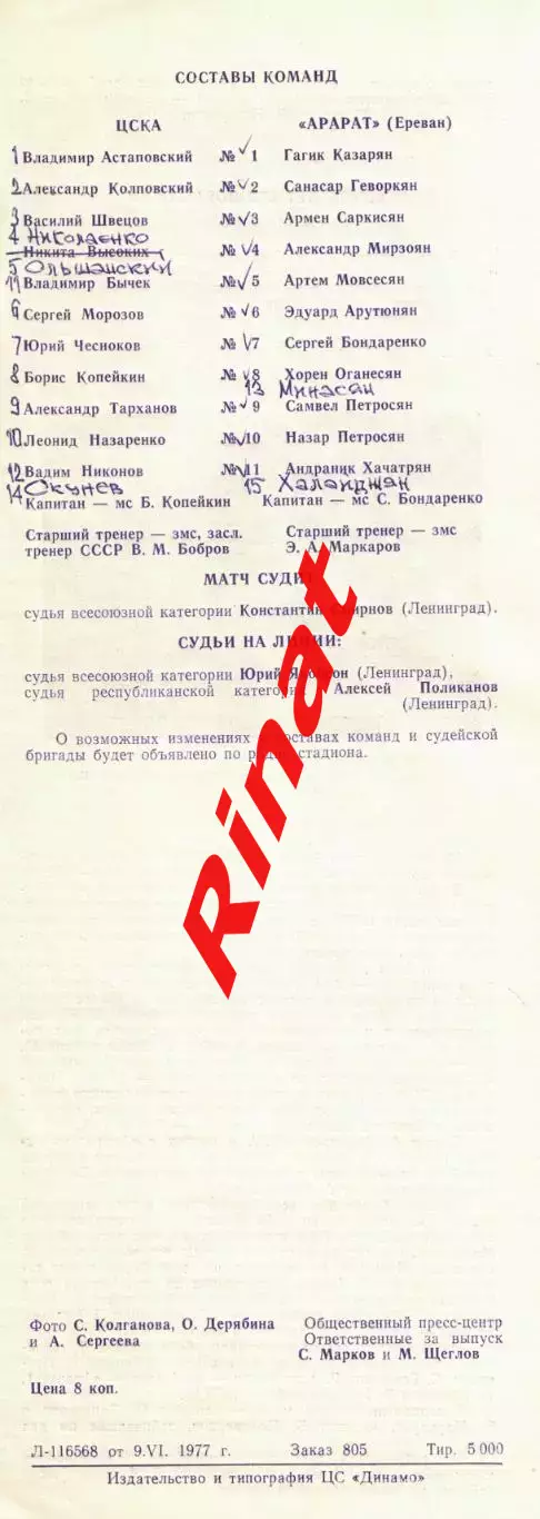 ЦСКА - Арарат Ереван 13.06.1977 Чемпионат СССР 1