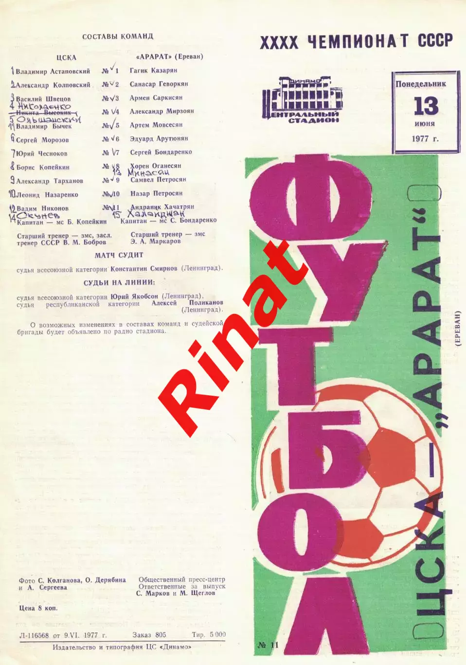 ЦСКА - Арарат Ереван 13.06.1977 Чемпионат СССР 2