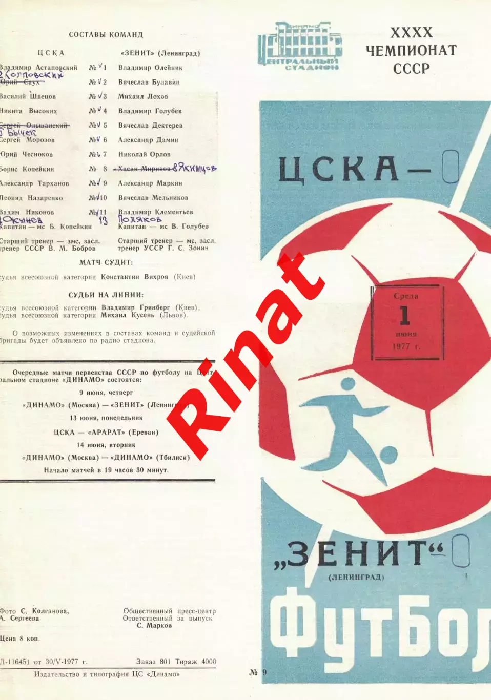 ЦСКА - Зенит Ленинград 01.06.1977 Чемпионат СССР 2