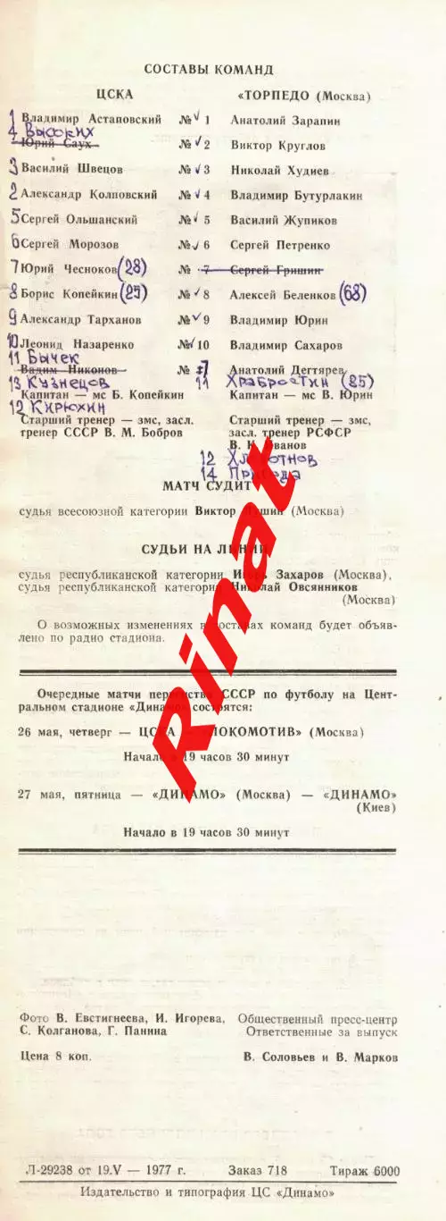 ЦСКА - Торпедо Москва 22.05.1977 Чемпионат СССР 1