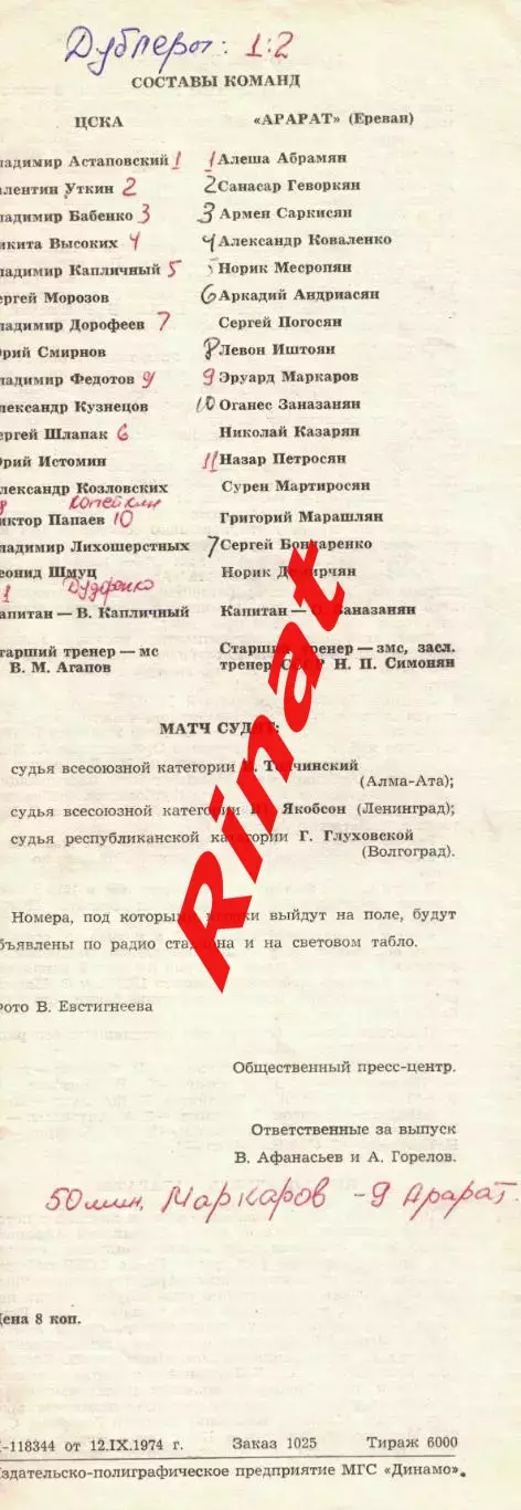 ЦСКА - Арарат Ереван 13.09.1974 Чемпионат СССР 2