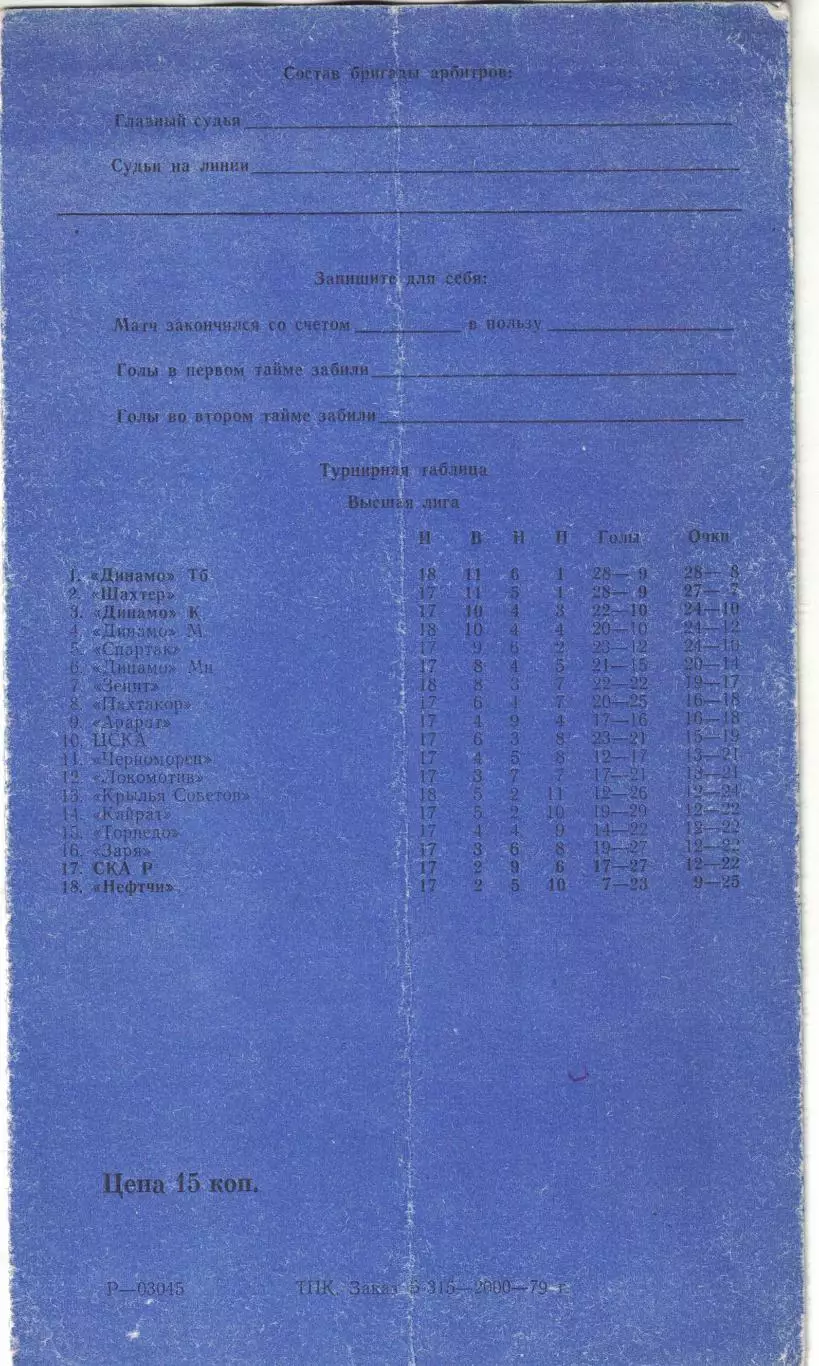 Пахтакор Ташкент - Заря Ворошиловград 08.08.1979 Чемпионат СССР 1