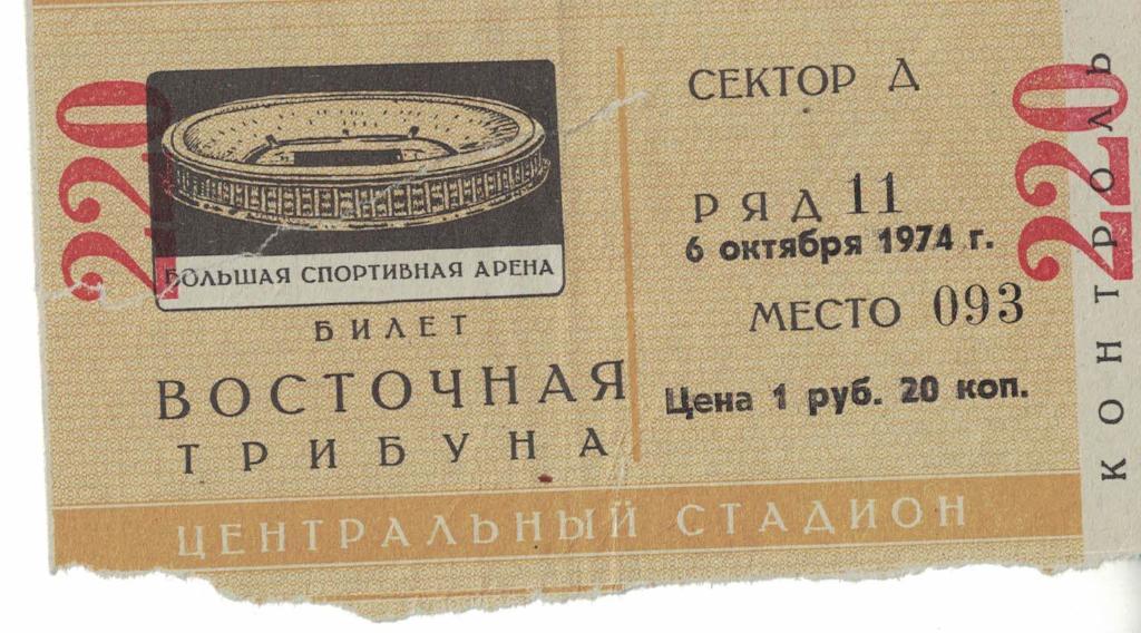 Торпедо Москва - Динамо Киев 06.10.1974 Чемпионат СССР. Билет