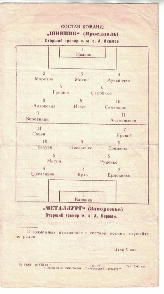 Металлург Запорожье - Шинник Ярославль 24.08.1963 Первенство СССР 1