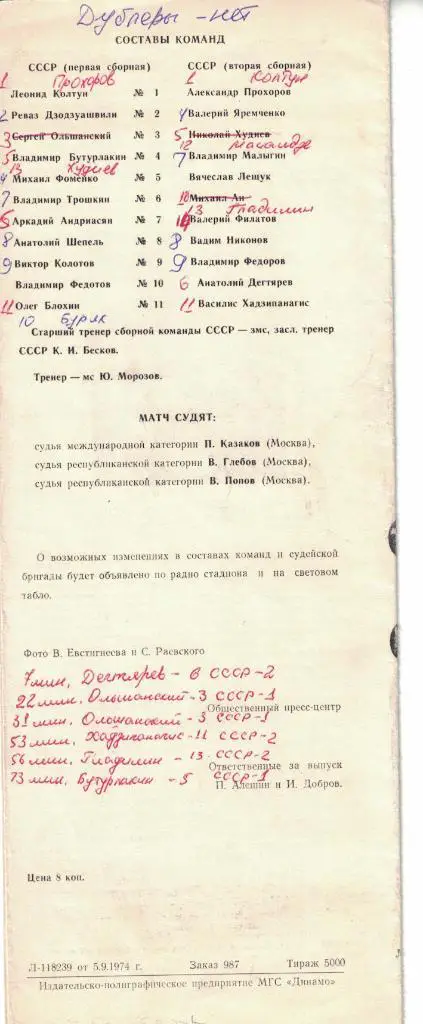 СССР первая сборная - СССР вторая сборная 06.09.1974 Товарищеский матч 1