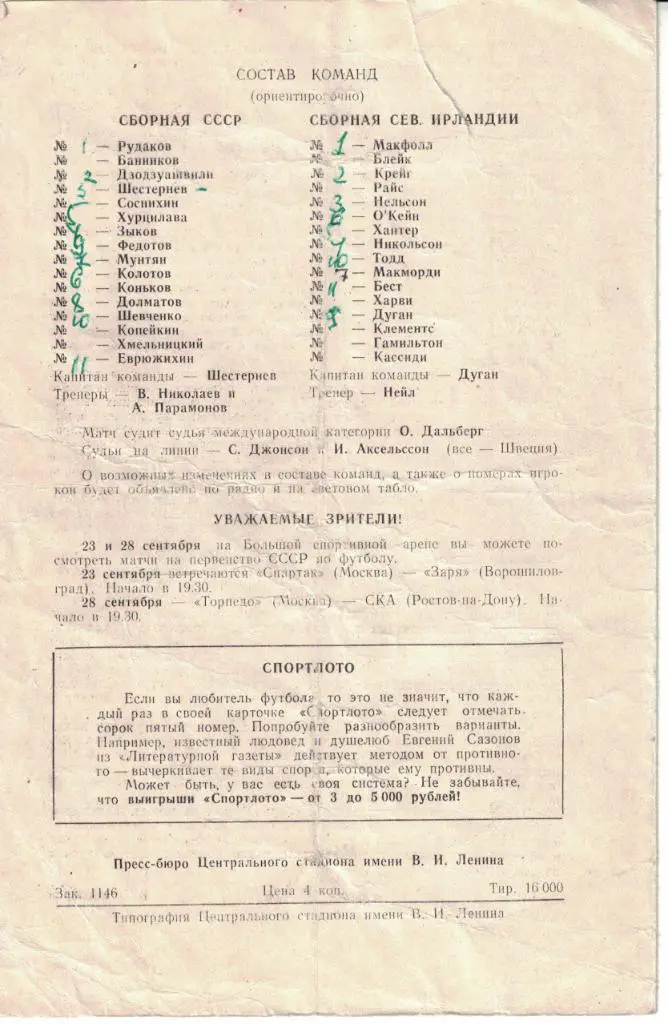 СССР - Северная Ирландия 22.09.1971 Чемпионат Европы 1972 Отборочный матч 1