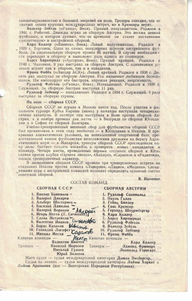 СССР - Австрия 16.05.1965 Товарищеский матч (синяя) 1