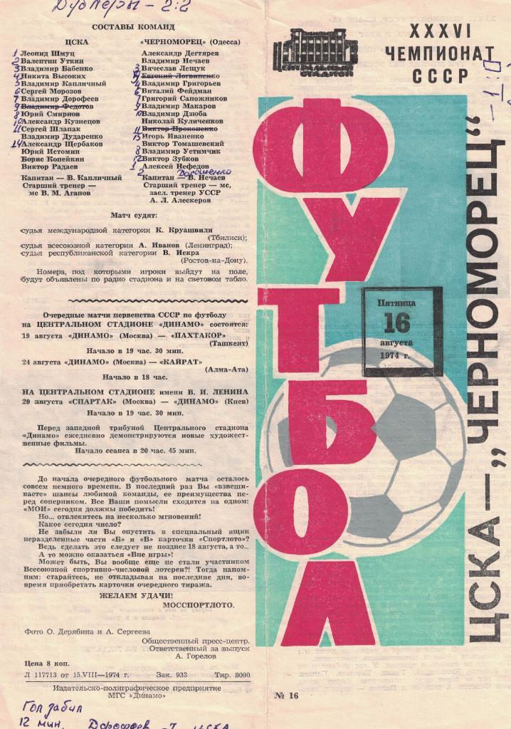 ЦСКА - Черноморец Одесса 16.08.1974 Чемпионат СССР