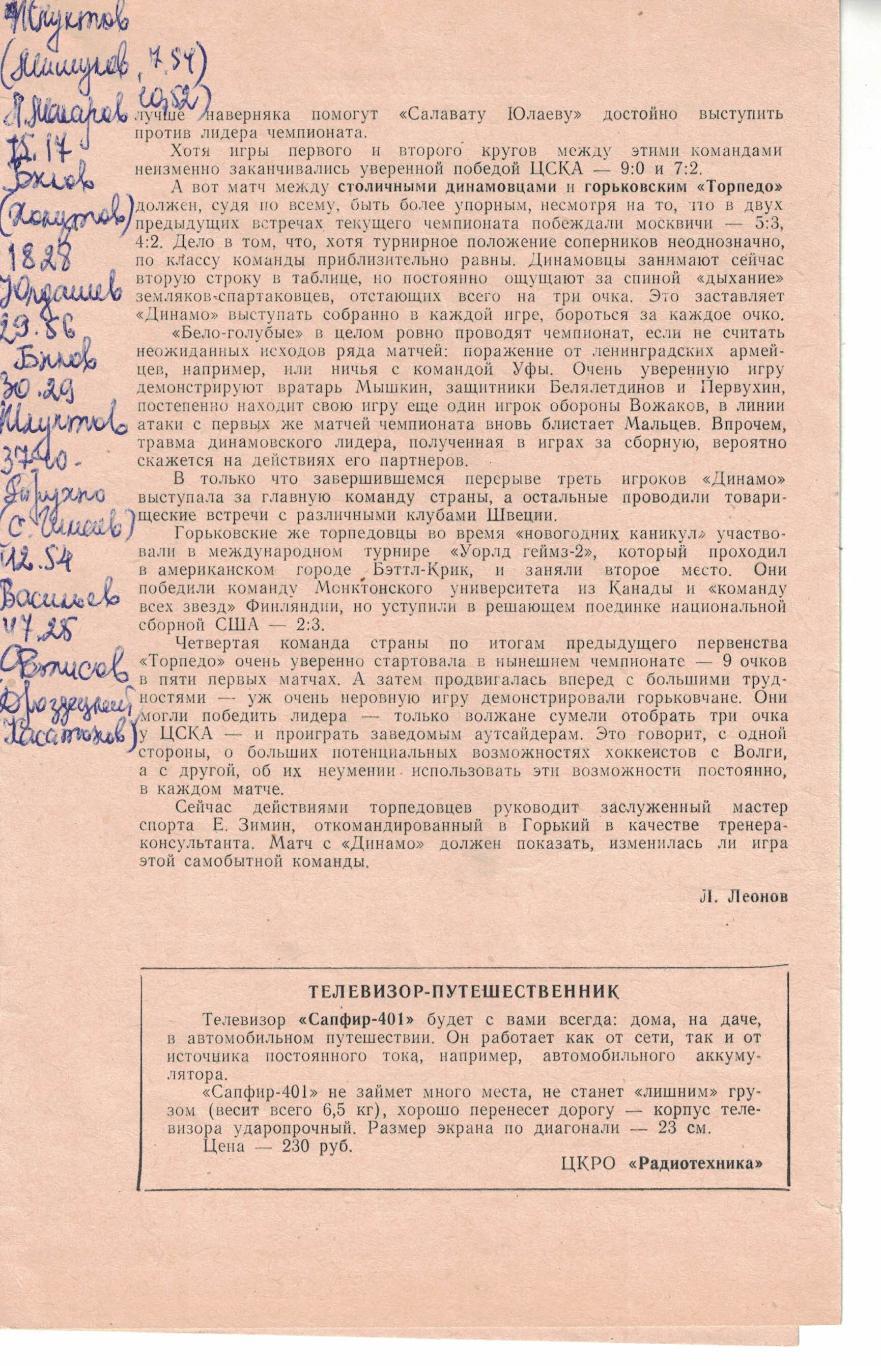 ЦСКА - Салават Юлаев, Динамо Москва - Торпедо Горький 16 и 17.01.1983 1