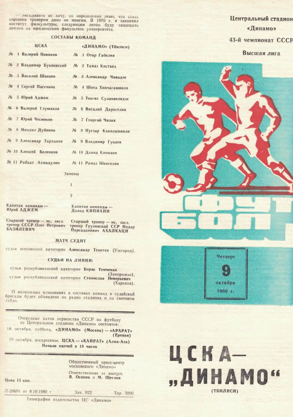 ЦСКА - Динамо Тбилиси 09.10.1980 Чемпионат СССР. С отчетом