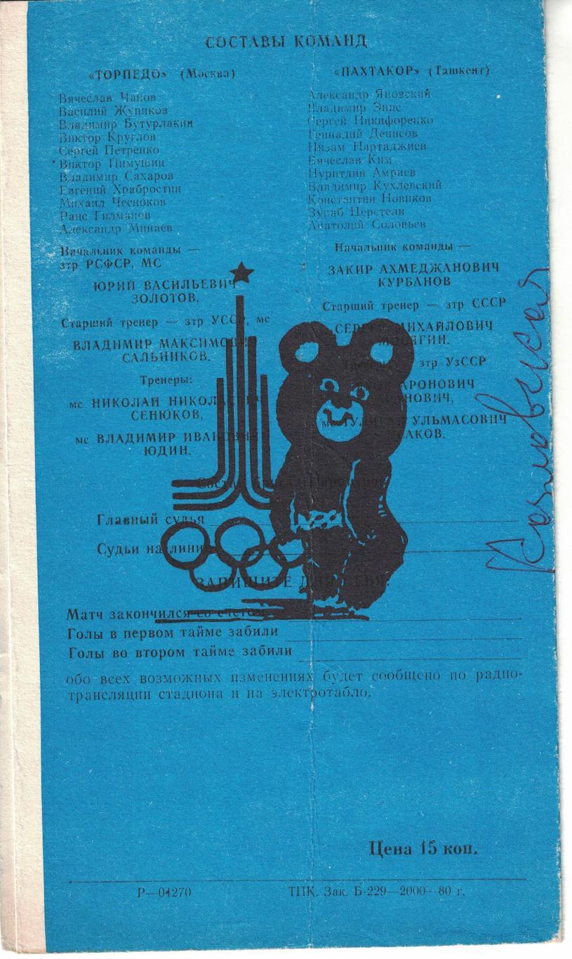 Пахтакор Ташкент - Торпедо Москва 16.05.1980 Чемпионат СССР 1