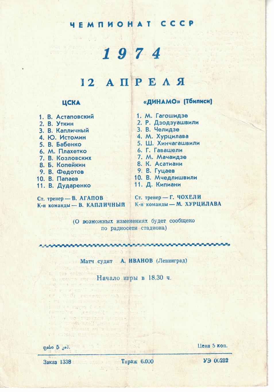 Динамо Тбилиси - ЦСКА 12.04.1974 Чемпионат СССР 1