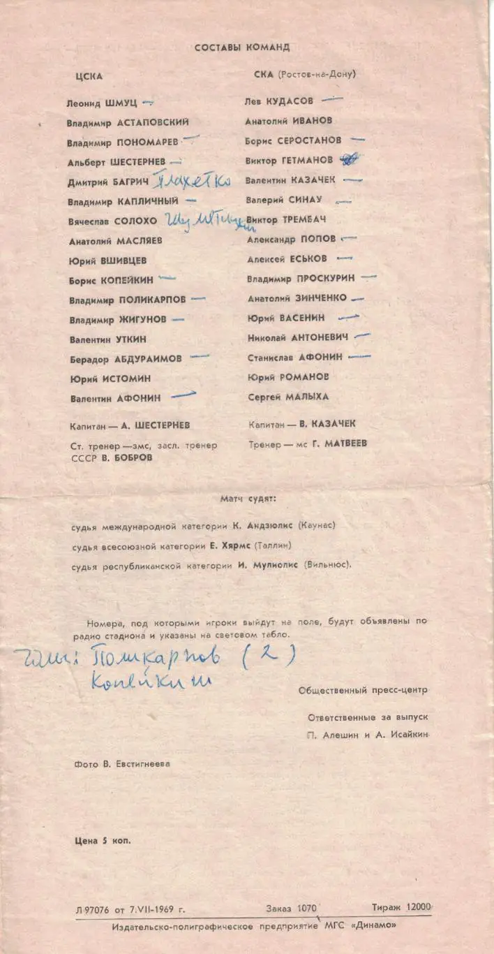 ЦСКА - СКА Ростов-на-Дону 08.07.1969 Чемпионат СССР 1