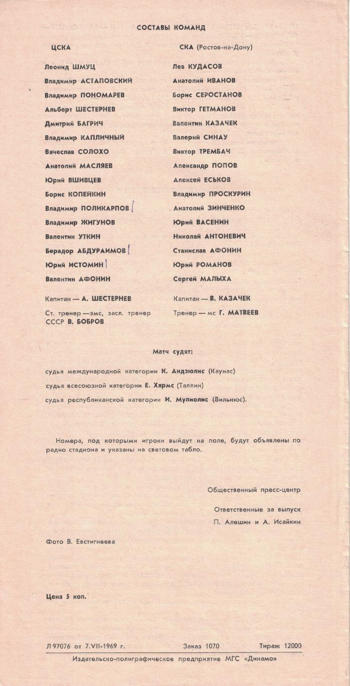 ЦСКА - СКА Ростов-на-Дону 08.07.1969 Чемпионат СССР 1