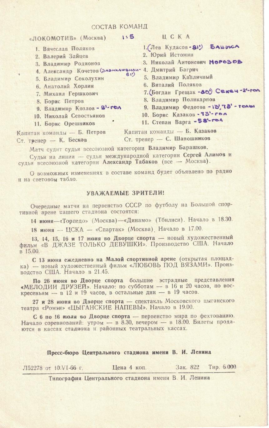 Локомотив Москва - ЦСКА 13.06.1966 Чемпионат СССР 1