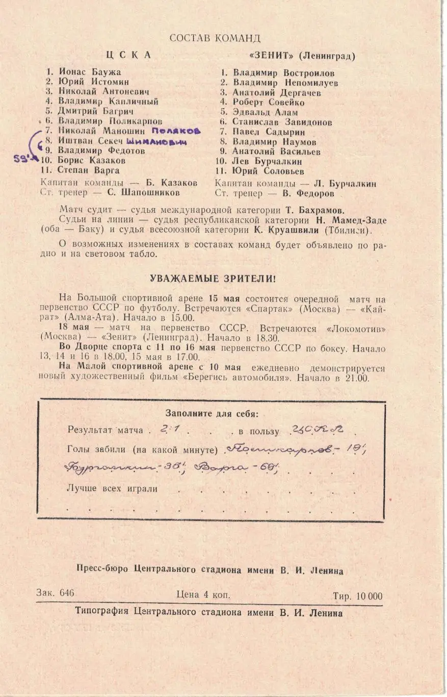 ЦСКА - Зенит Ленинград 13.05.1966 Чемпионат СССР 1