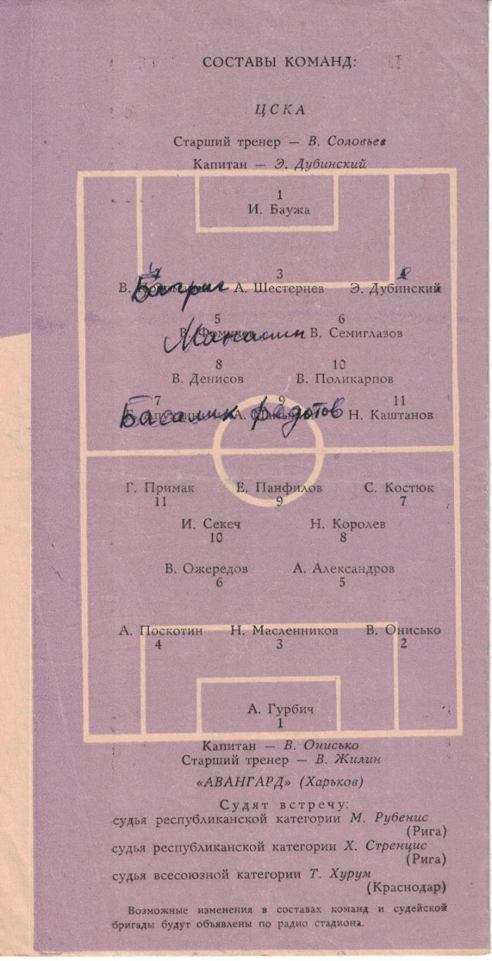 ЦСКА - Авангард Харьков 29.08.1963 Чемпионат СССР. Бело-фиолетовая 1