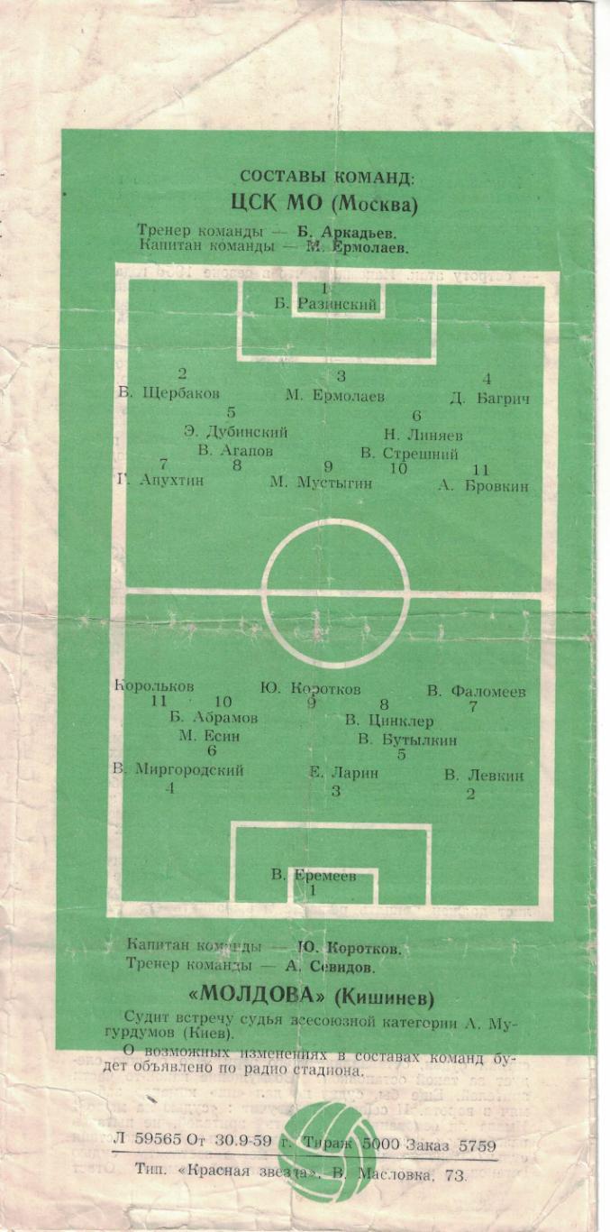 ЦСК МО - Молдова Кишинев 04.10.1959 Чемпионат СССР 1